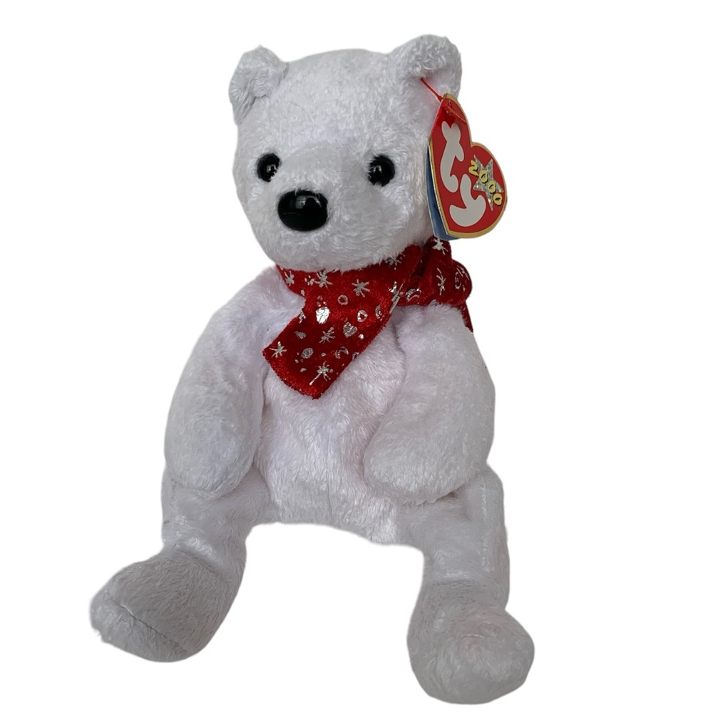 Vintage NWT Beanie Baby Ty 2000 Holiday Teddy Bear Retired Cheer Joy White Red